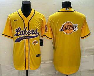 Mens Los Angeles Lakers Yellow Team Big Logo With Patch Cool Base Stitched Baseball Jersey->->NBA Jersey